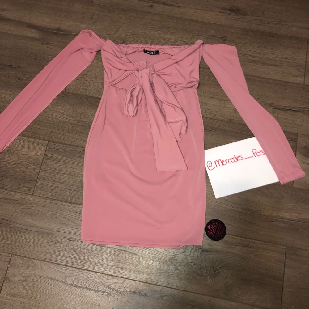 Blush off the shoulder dress.